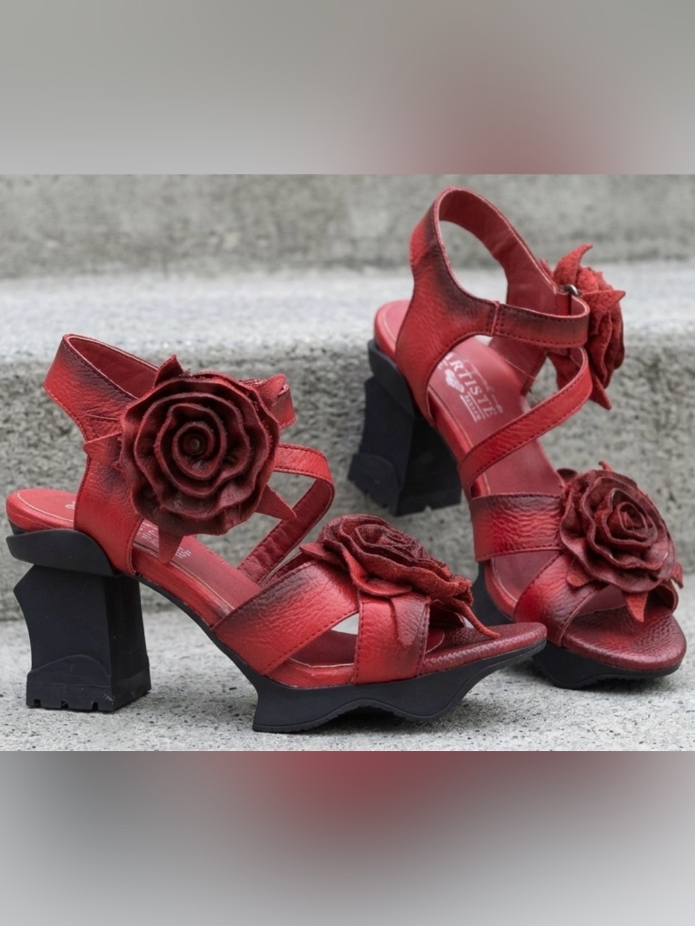 L’Artiste Shelly Red Heels Leather Rose Sculptural Heel NEW